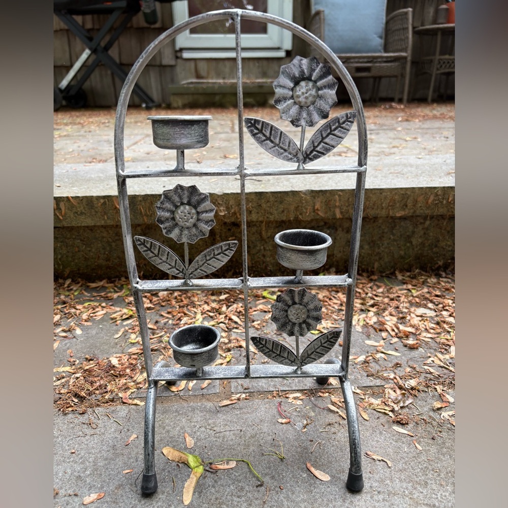 Rustic Gray Metal Flower Candle Holder Outdoor Decor